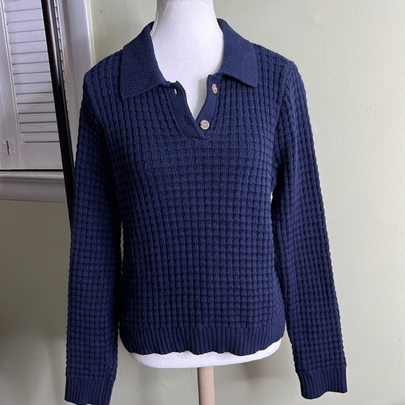 Onia chunky knit navy blue heavy Waffle Knit Shirt Polo Collar Sweater Comfy - Picture 4 of 17
